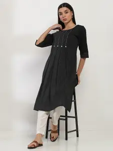 Rangriti Striped Thread Work Round Neck Straight Kurta