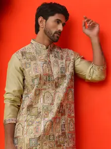 Jompers Floral Embroidered Mandarin Collar Sequinned Silk Cotton Straight Kurta