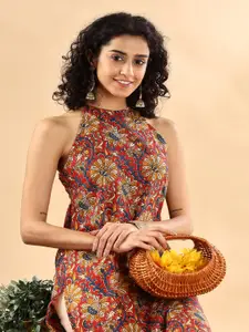 Anouk Floral Printed Halter Neck Cotton Straight Kurta