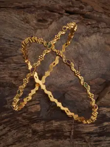 Kushal's Fashion Jewellery Ruby-Green Set Of 2 Gold-Plated Ethnic Antique Bangles