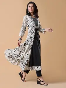 SHOWOFF Ethnic Motifs Printed Sequinned Round Neck A-Line Kurta With Shrug