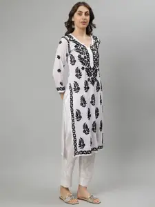 Seva Chikan Floral Embroidered Notch Neck Modal Lucknowi Chikankari Straight Kurta