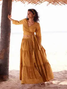 Global Desi Printed V-Neck Crop Top With Skirt