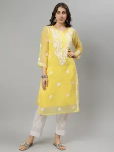 Seva Chikan Floral Embroidered Notch Neck Georgette Lucknowi Chikankari Straight Kurta