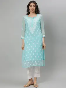 Seva Chikan Floral Embroidered Notch Neck Georgette Lucknowi Chikankari Straight Kurta