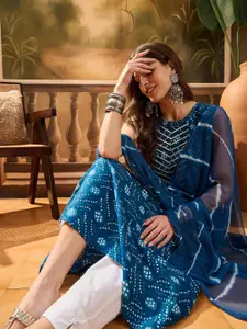 Sangria Women's Bandhej Printed Cotton Flared Kurta with Dupatta