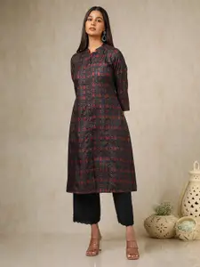 Soch Ethnic Motifs Printed Mandarin Collar Linen A-Line Kurta