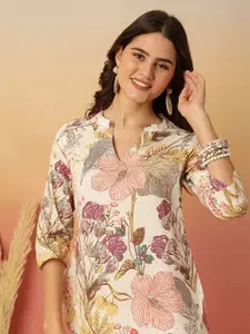 Anouk Rustic Floral Print Mandarin Collar Cotton Shirt Style Top