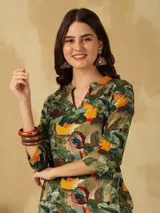 Anouk Rustic Floral Print Mandarin Collar Top