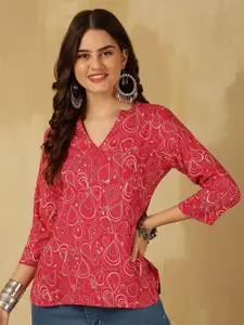 Anouk Rustic Floral Print Mandarin Collar Top