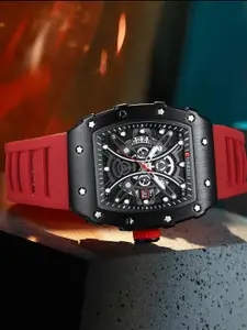 Curren Men Brass Dial & Leather Bracelet Style Straps Analogue Watch CR-8438-Black Red