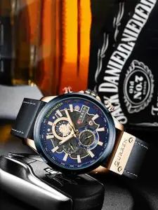 Curren Men Brass Dial & Leather Bracelet Style Straps Analogue Watch CR-8380-Blue