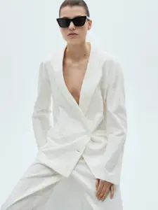 MANGO Cotton-Linen Wrinkle Effect Double-Breasted Casual Blazer