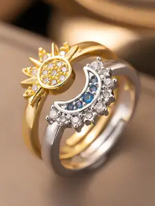 KARISHMA KREATIONS Set Of 2 Gold & Silver Plated Cubic Zirconia Studded Sun & Moon Rings