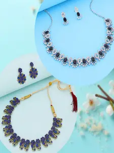 DIVASTRI Set Of 2 Gold Plated Artificial Stones Studded Necklace With Earrings