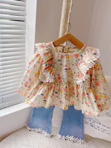 Xsole Girls Floral Printed Round Neck Top with Jeans Clothing Set