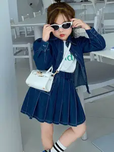 Xsole Girls Shirt Collar Top With Skirt