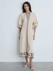 MANGO Embroidered Puff Sleeve A-Line Midi Dress