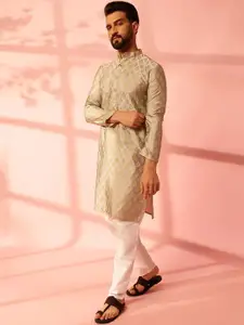 Anouk Ethnic Motifs Woven Design Band Collar Cotton Silk Straight Kurta