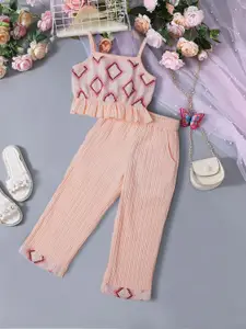 pspeaches Girls Geometric Self Design Shoulder Straps Top With Trousers