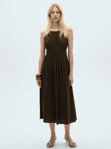 MANGO Solid A-Line Midi Dress with Smocked Detail