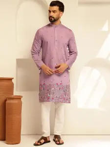 SOJANYA Floral Embroidered Mandarin Collar Cotton Silk Straight Kurta