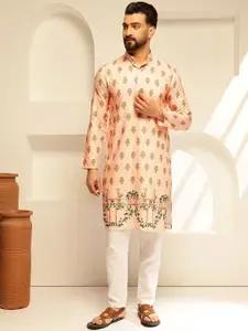 SOJANYA Floral Embroidered Mandarin Collar Cotton Straight Kurta