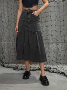 SASSAFRAS Washed Flared Midi Skirt