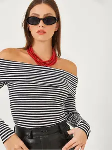 BIANCO LUCCI Striped Off-Shoulder Cotton Bardot Top