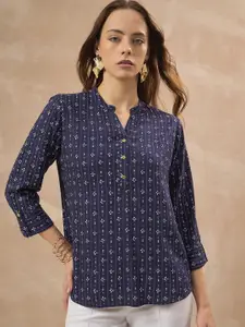 all about you Geometric Print Mandarin Collar Roll-Up Sleeves Empire Top