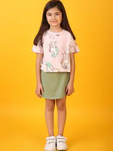 Anthrilo Girls Unicorn Printed Round Neck T-shirt with Skirt