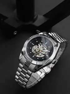 French Connection Men Skeleton Dial & Stainless Steel Bracelet Style Straps Analogue Automatic Watch