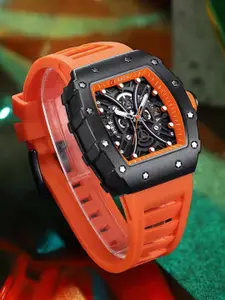 Curren Men Brass Dial & Leather Bracelet Style Straps Analogue Watch CR-8438-Black Orange