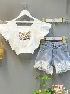 Xsole Girls Floral Embroidered Top With Shorts