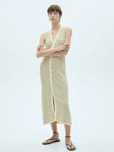 MANGO Striped Bodycon Midi Dress with Front Slit