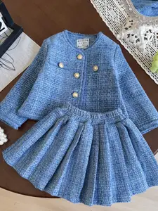 Xsole Girls Button Detail Round Neck Top & Pleated Skirt