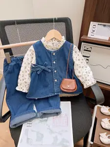 Xsole Girls Floral Printed Round Neck Top With Trouser And Jacket