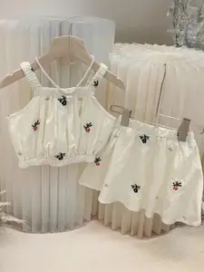 Xsole Girls Floral Printed Shoulder Straps Top With Skirt