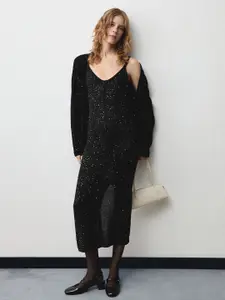 MANGO Embellished Plunge Neck Bodycon Midi Dress