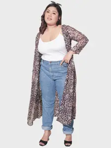 DIMPY GARMENTS Plus Size Leopard Printed Longline Georgette Tie-Up Shrug