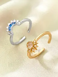 KARISHMA KREATIONS Set Of 2 Gold & Silver Plated Cubic Zirconia Studded Sun & Moon Rings