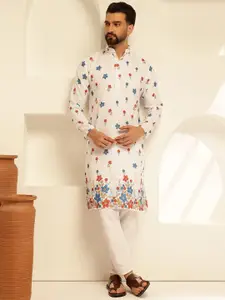 SOJANYA Floral Embroidered Mandarin Collar Thread Work Cotton Straight Kurta