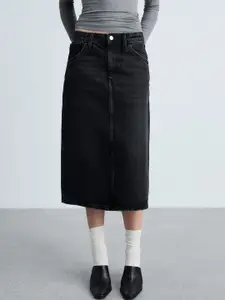MANGO Pure Cotton Denim Straight Midi Skirt