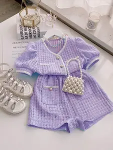 Xsole Girls Geometric Woven Design V-Neck Top With Short