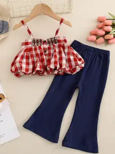 Xsole Girls Checked Shoulder Straps Top With Trousers