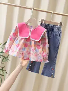 Xsole Girls Printed Round Neck Top with Trousers