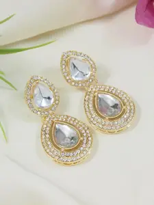 I Jewels Gold-Plated Artificial Stones Studded Teardrop Shaped Drop Earrings