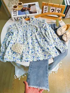 Xsole Girls Floral Printed Round Neck Top With Trousers