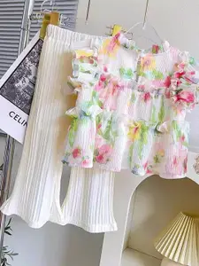 Xsole Girls Printed Round Neck Sleeveless Top With Trousers