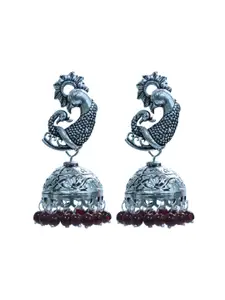 Abhooshan Silver-Plated Artificial Beaded Oxidised Dome Shaped Jhumkas